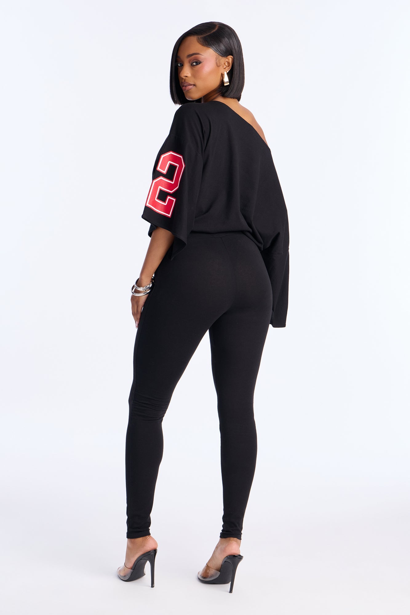 Game Day Off Shoulder Bodysuit Pant Set - Black