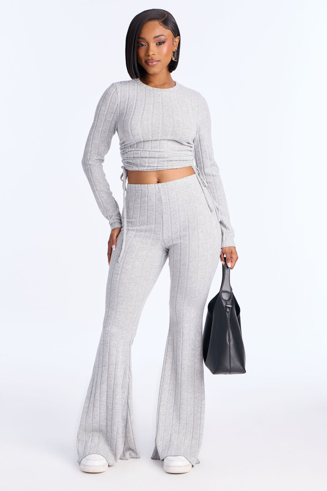 Cozy Night Ruched Wide Leg Pant Set - Heather Grey