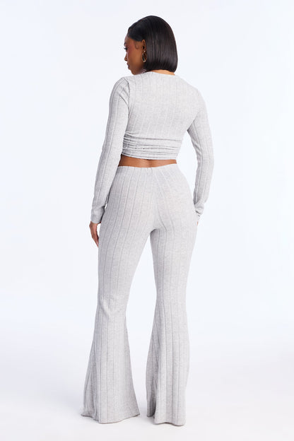 Cozy Night Ruched Wide Leg Pant Set - Heather Grey