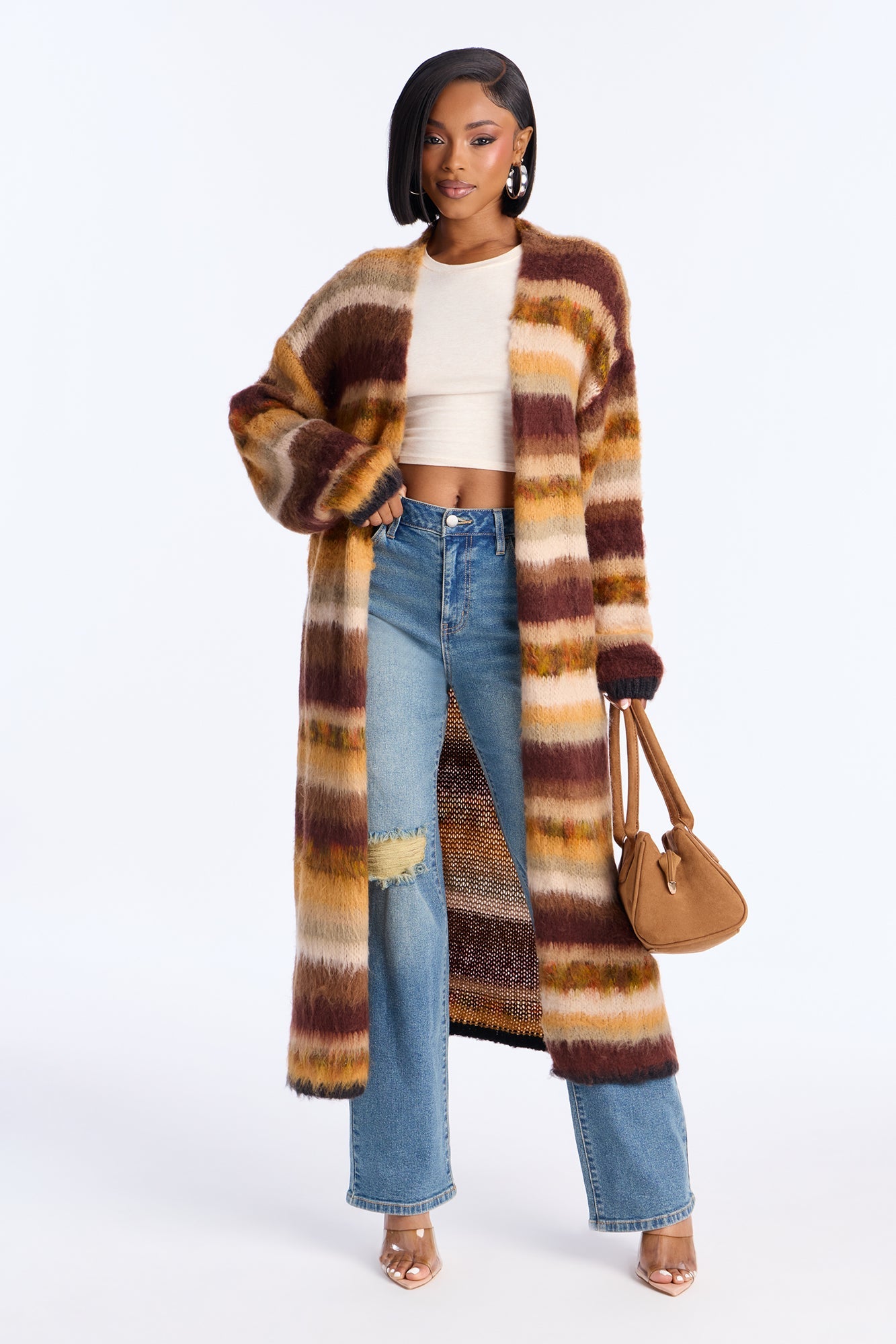 Loveliness Colorblock Fuzzy Long Cardigan - Brown Combo