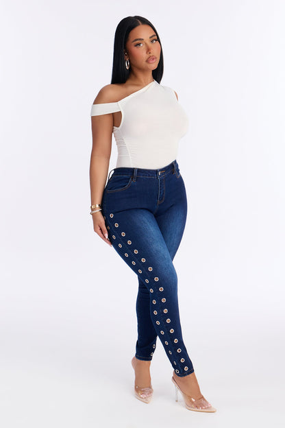 Live A Little Grommet Skinny Jeans - Dark Wash