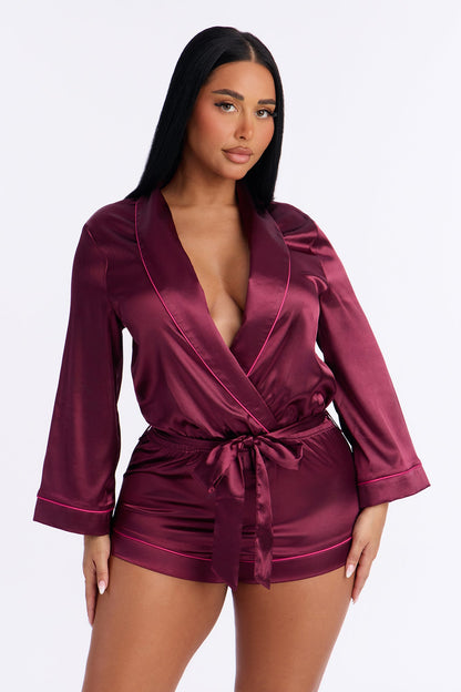 Sunday Morning Satin Sleep Romper - Wine