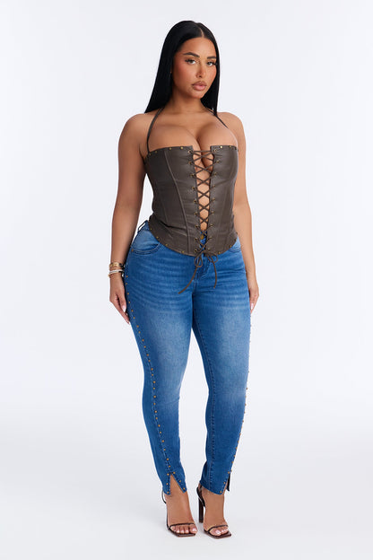 What A Stud Embellished Skinny Jeans - Medium Wash