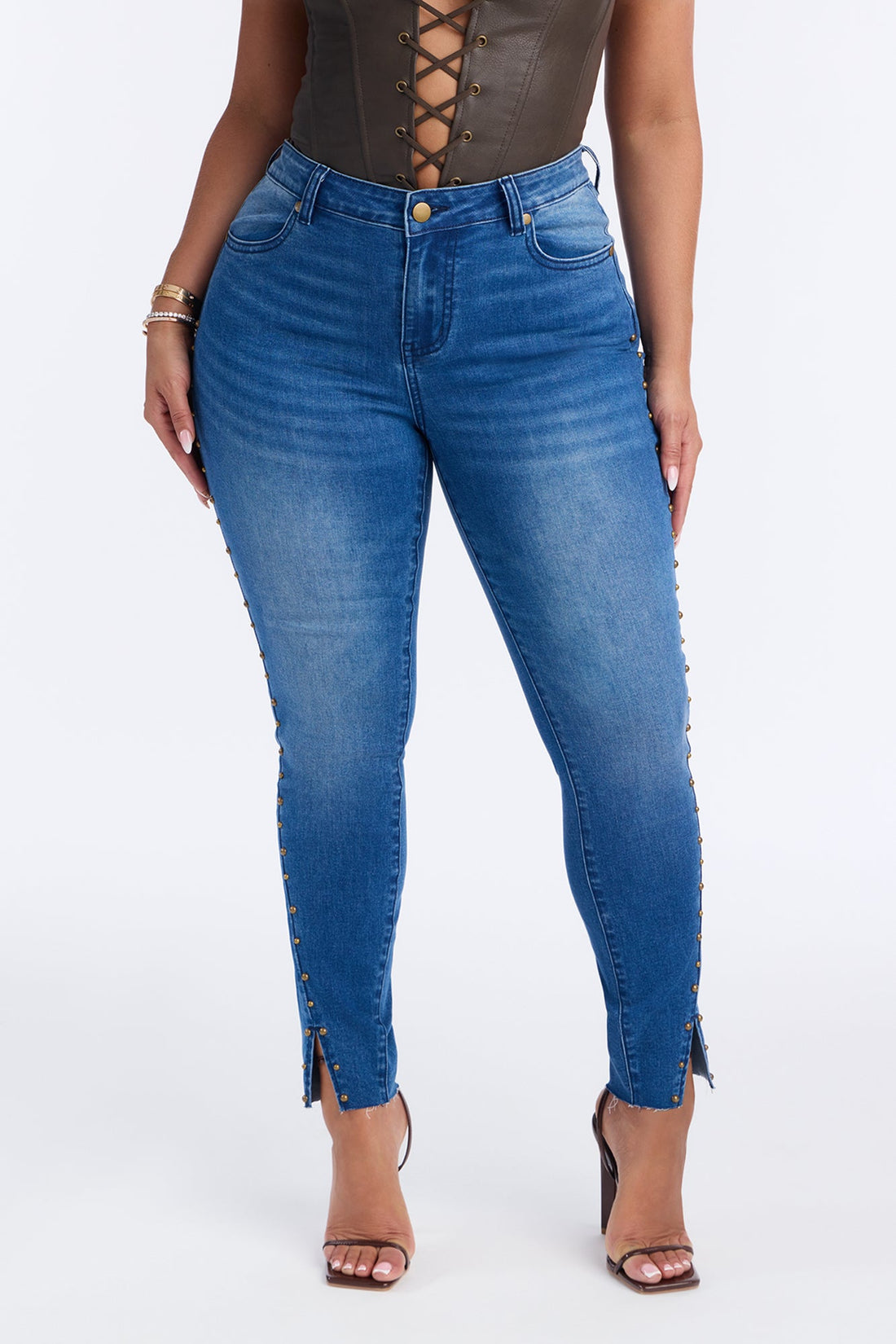 What A Stud Embellished Skinny Jeans - Medium Wash
