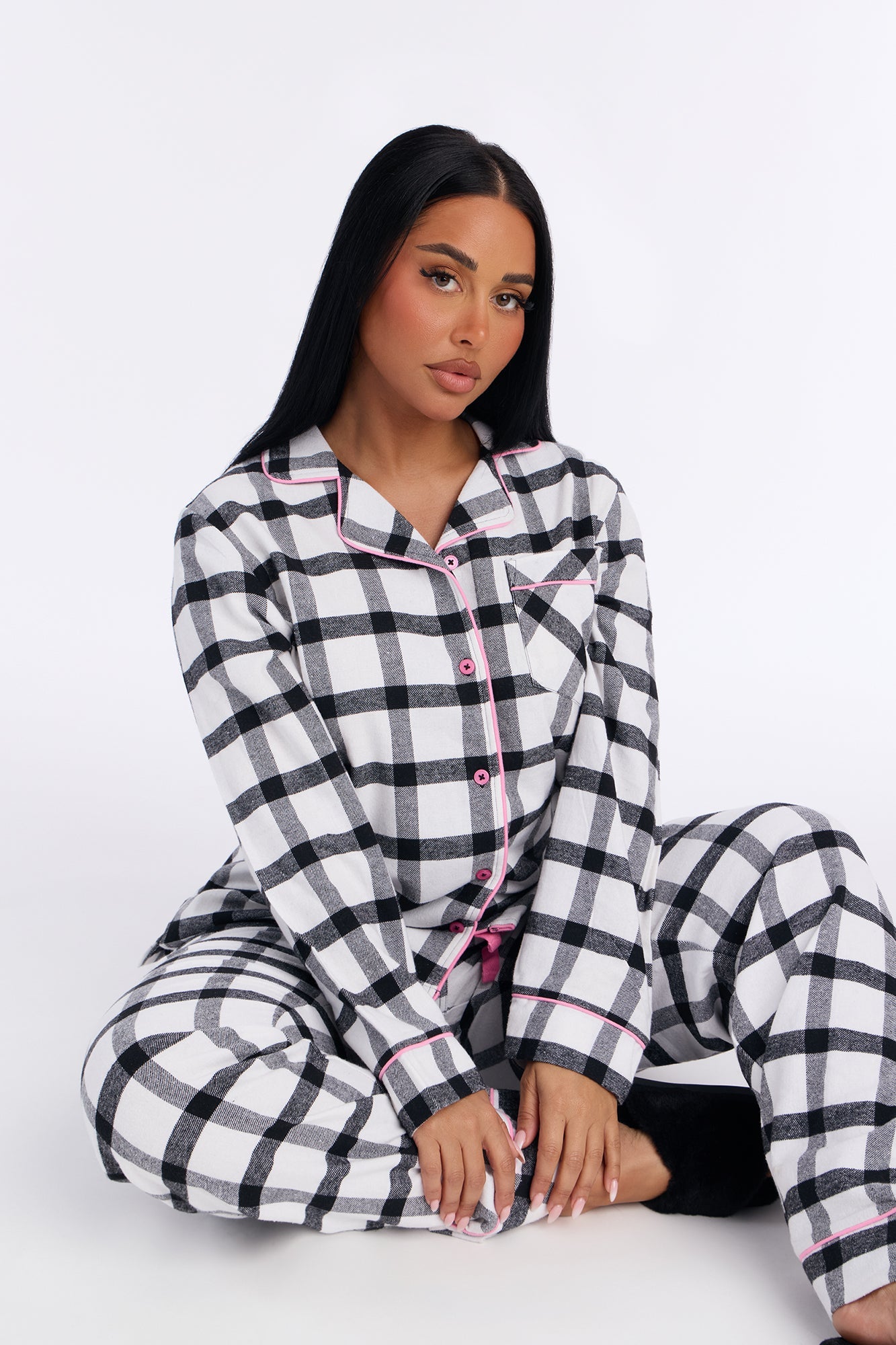 So Chill Flannel Long Sleeve PJ Pant Set - White/Black