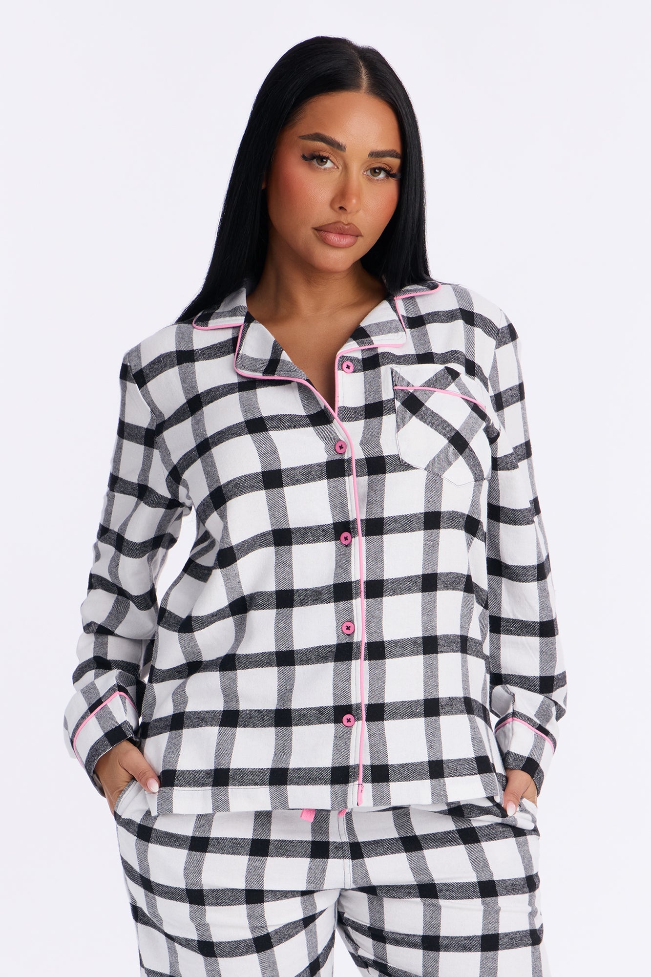 So Chill Flannel Long Sleeve PJ Pant Set - White/Black