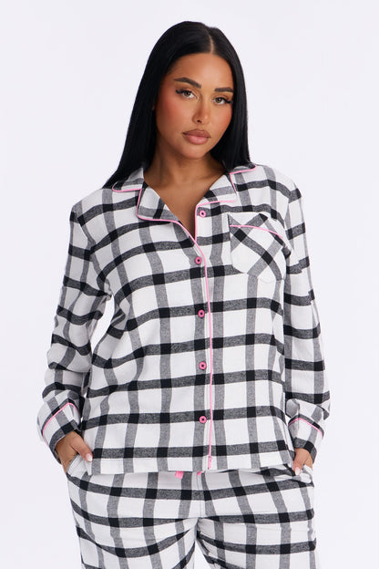 So Chill Flannel Long Sleeve PJ Pant Set - White/Black