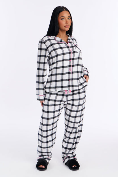 So Chill Flannel Long Sleeve PJ Pant Set - White/Black
