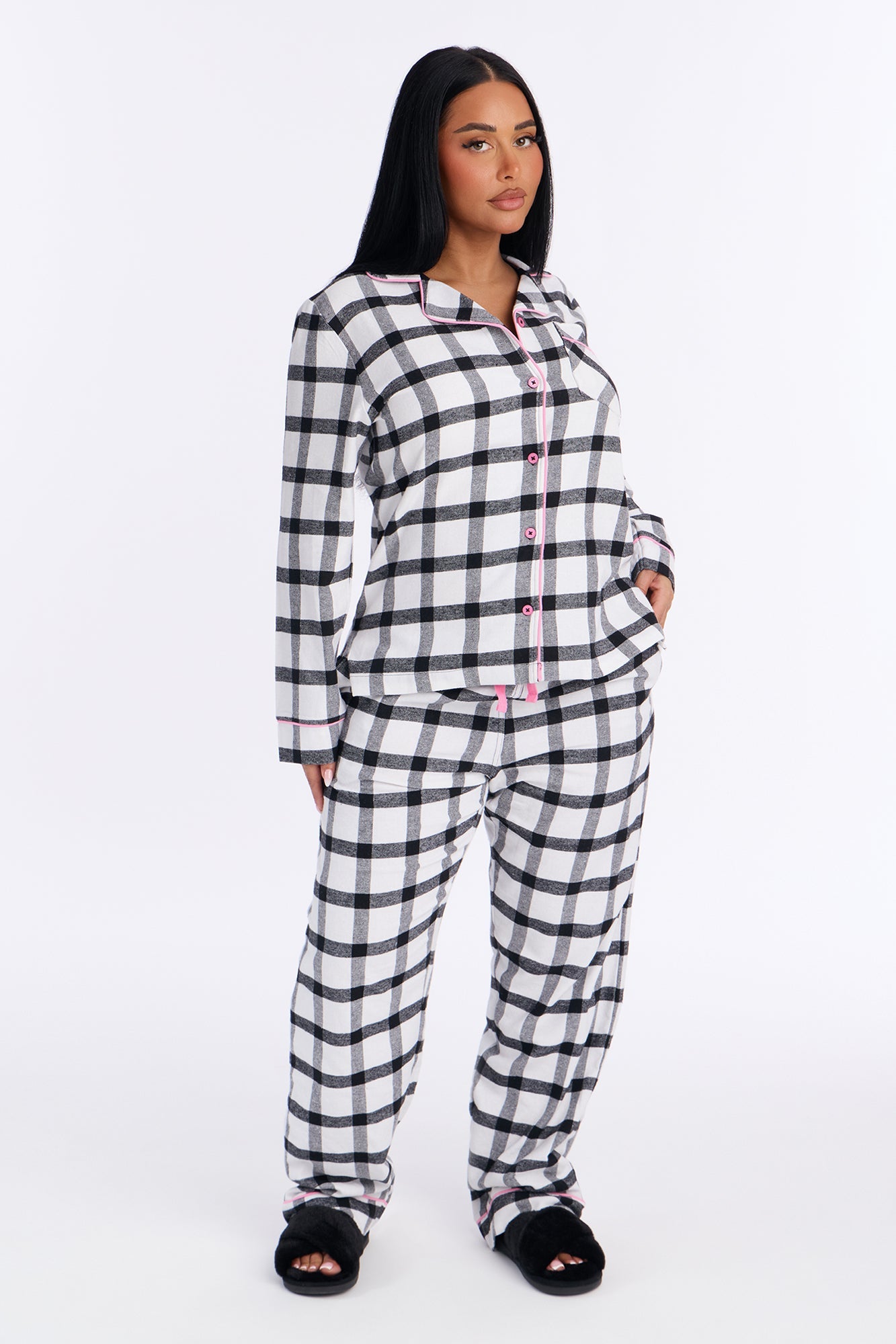 So Chill Flannel Long Sleeve PJ Pant Set - White/Black
