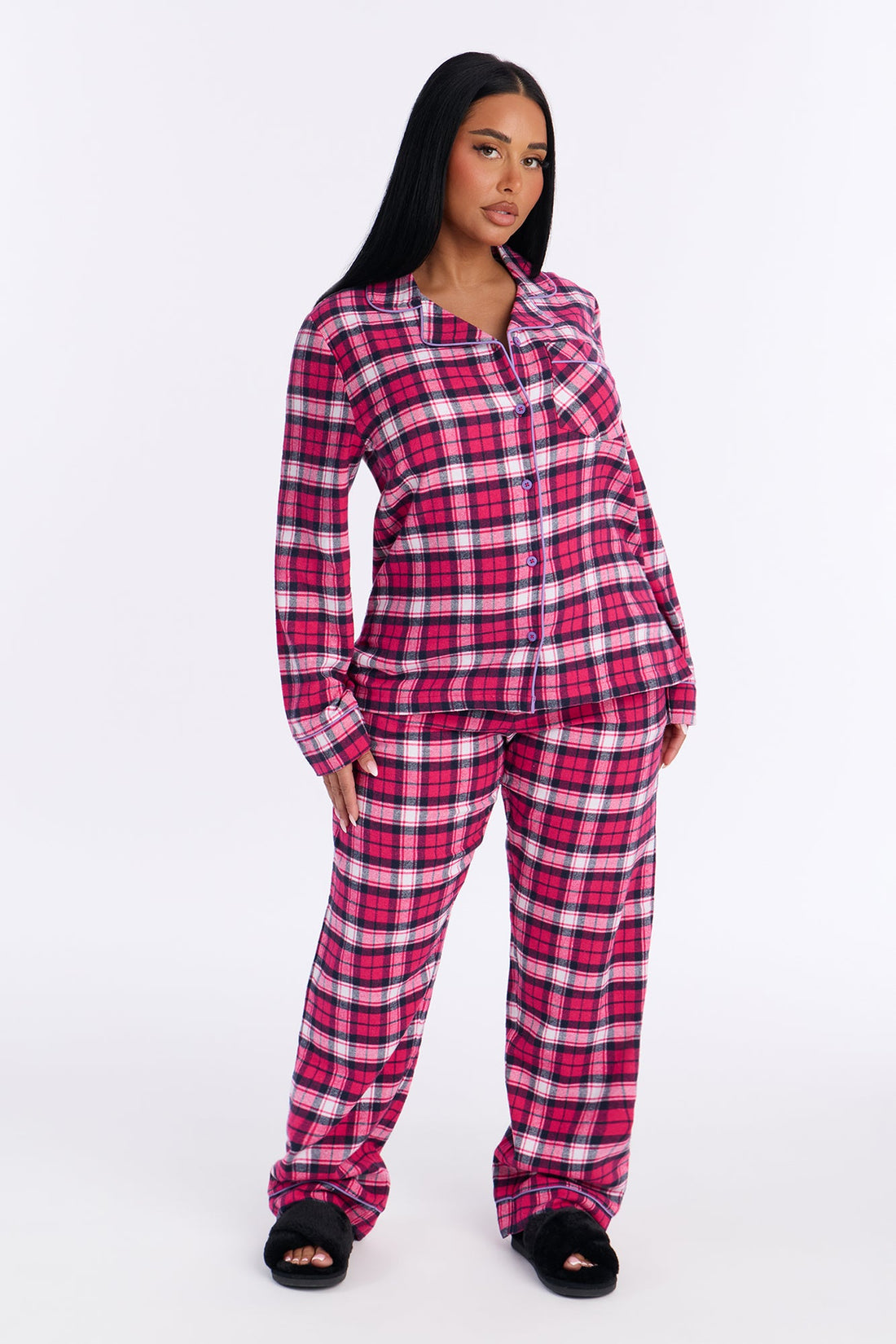 So Chill Flannel Long Sleeve PJ Pant Set - Hot Pink/combo