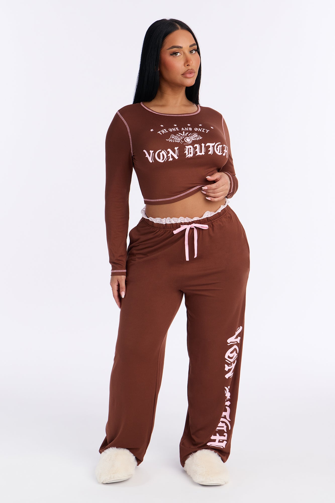 Von Dutch Long Sleeve PJ Pant Set - Chocolate/Combo