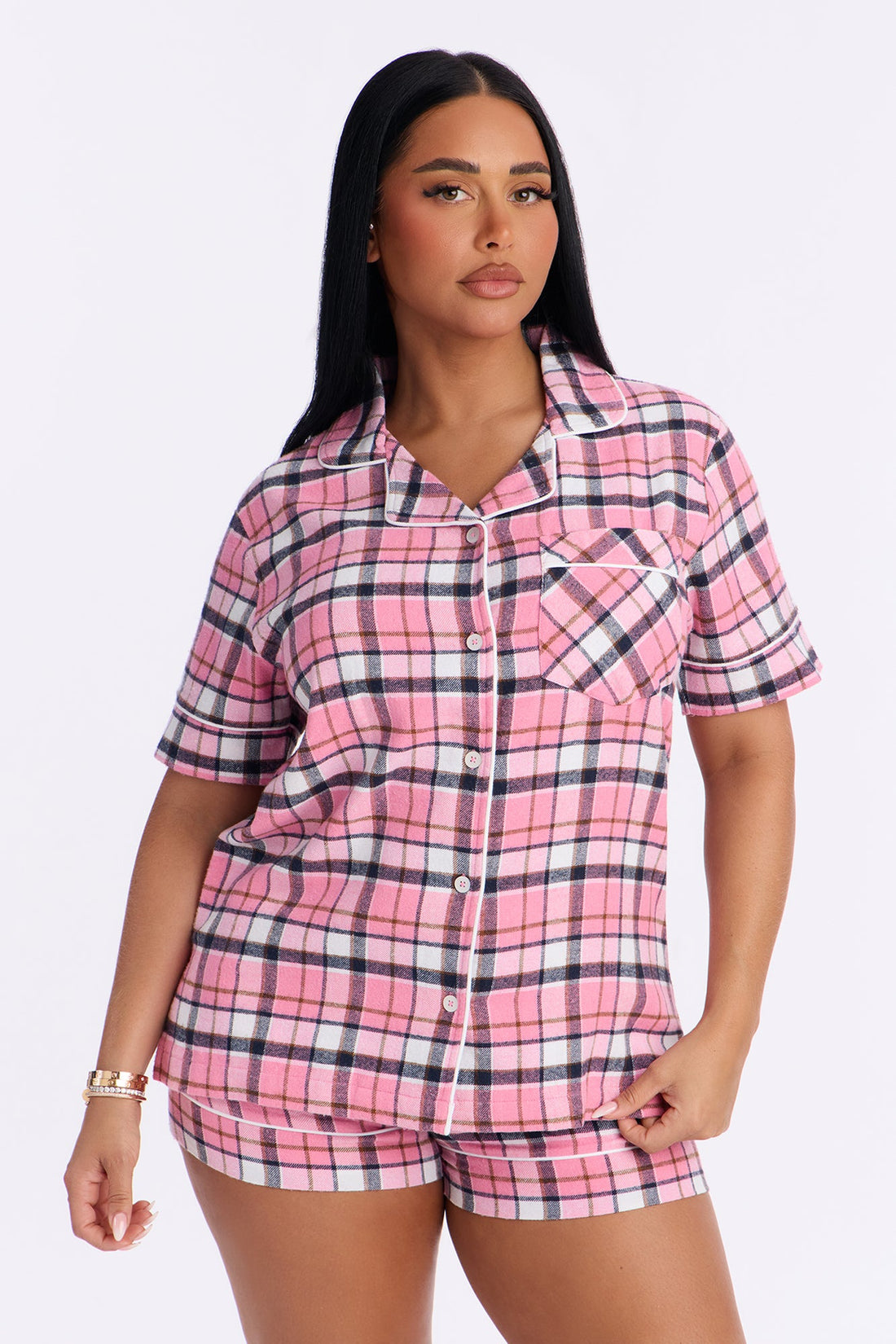 So Chill Flannel Short Sleeve PJ Short Set - Pink/combo