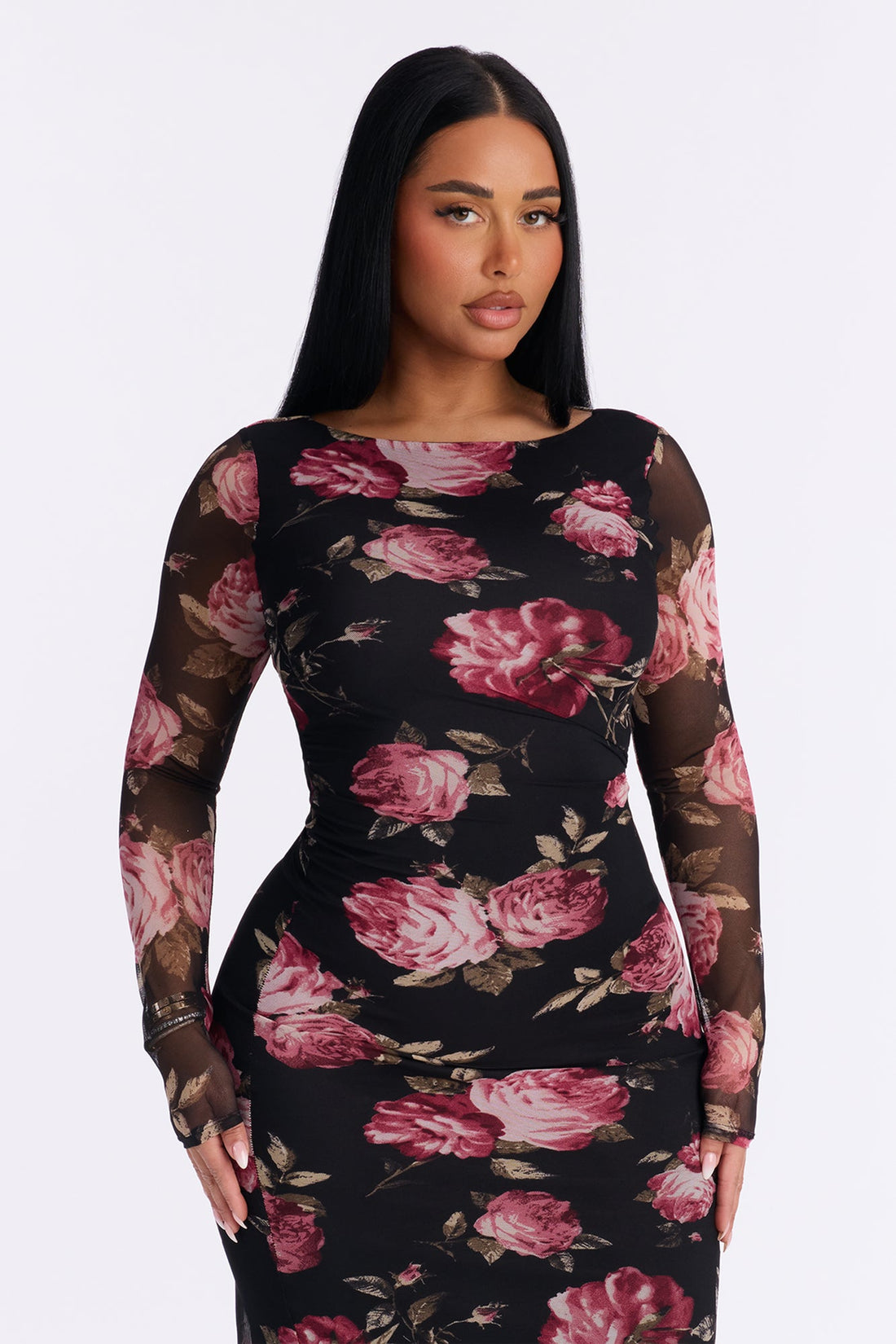 Suri Floral Mesh Midi Dress - Black/Pink