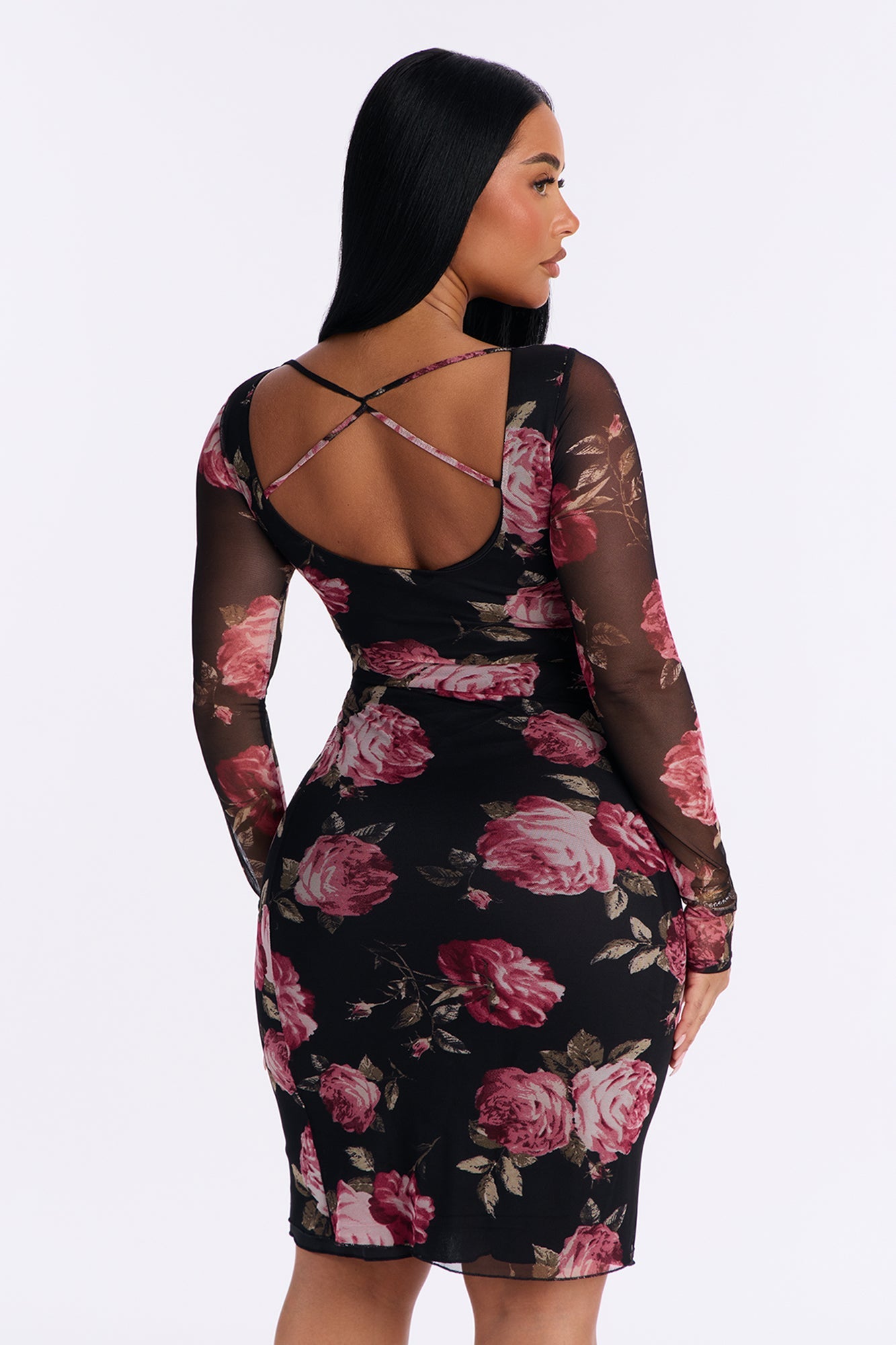 Suri Floral Mesh Midi Dress - Black/Pink