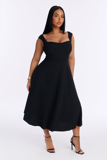 Amira Pleated A Line Midi Dress - Black