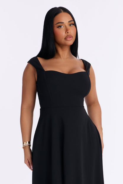 Amira Pleated A Line Midi Dress - Black
