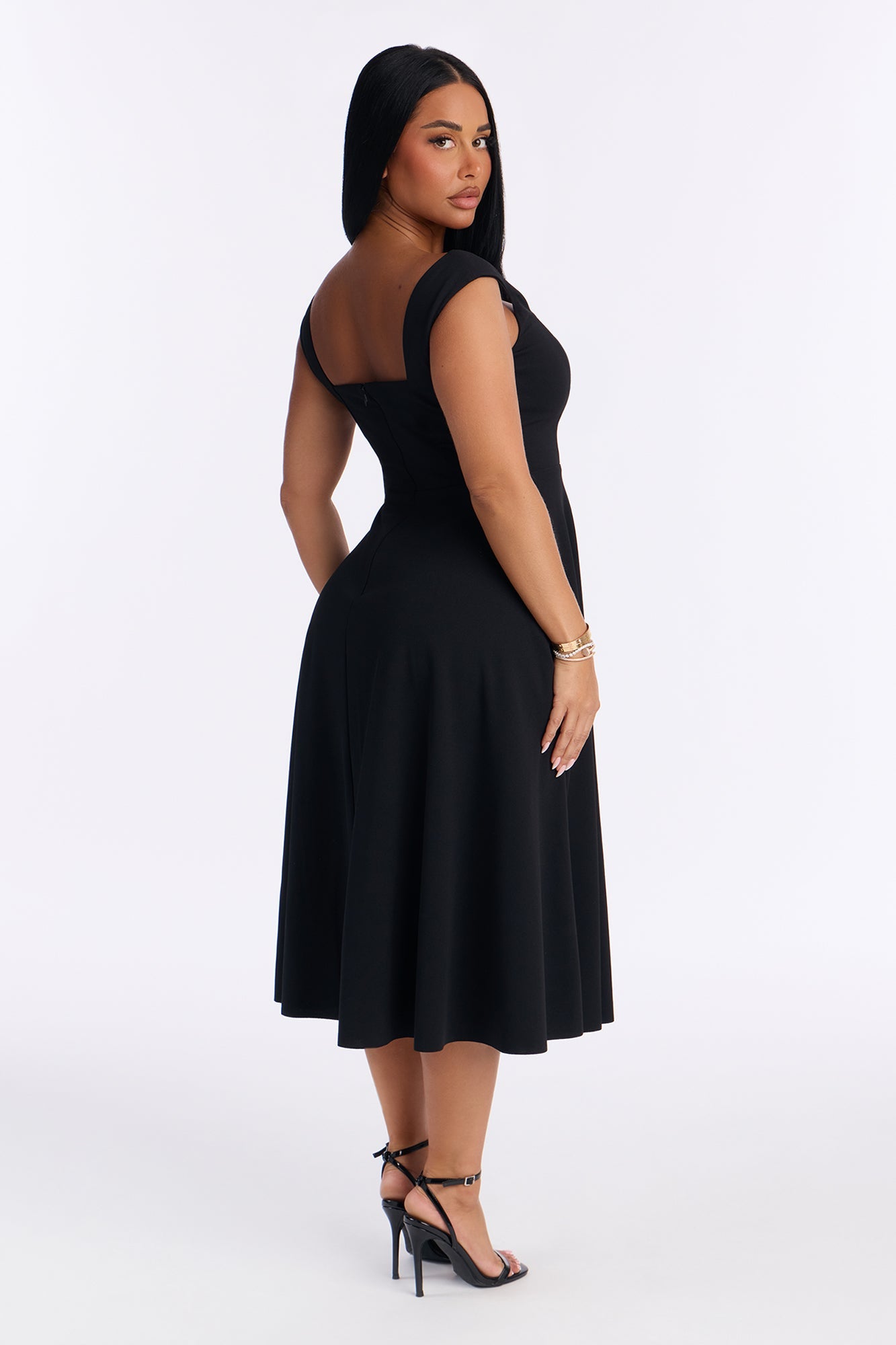 Amira Pleated A Line Midi Dress - Black