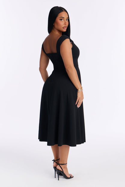 Amira Pleated A Line Midi Dress - Black