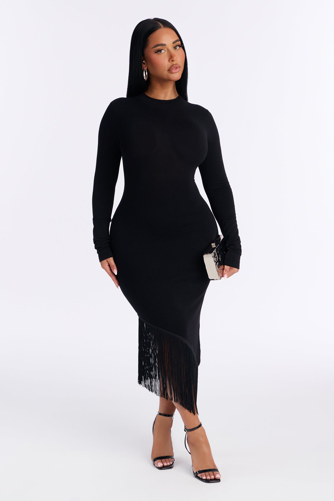 Kenna Asymmetrical Fringe Sweater Midi Dress - Black