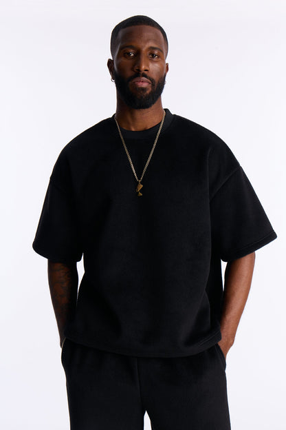 Fuzzy Textured Premium Short Sleeve Sweatshirt - Black