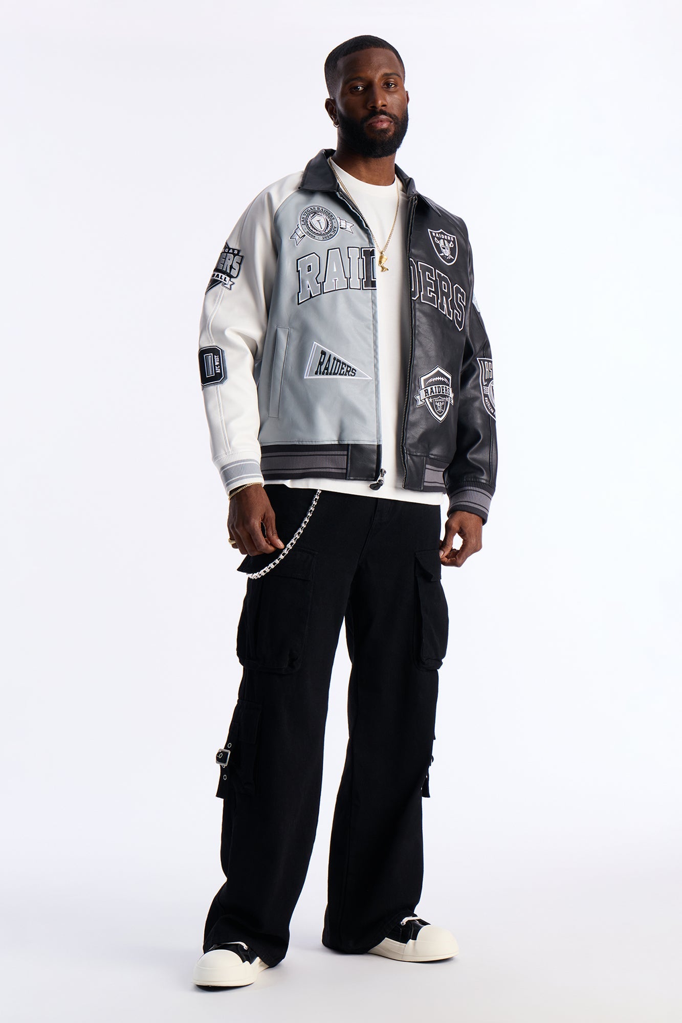 Raiders Marquee Star Faux Patent Leather Long Sleeve Varsity Jacket - Black/combo