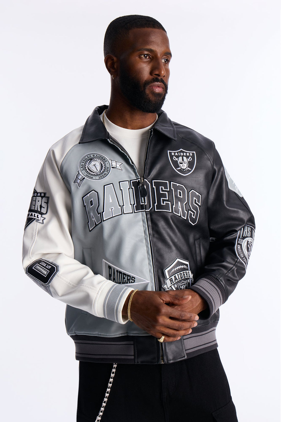 Raiders Marquee Star Faux Patent Leather Long Sleeve Varsity Jacket - Black/combo