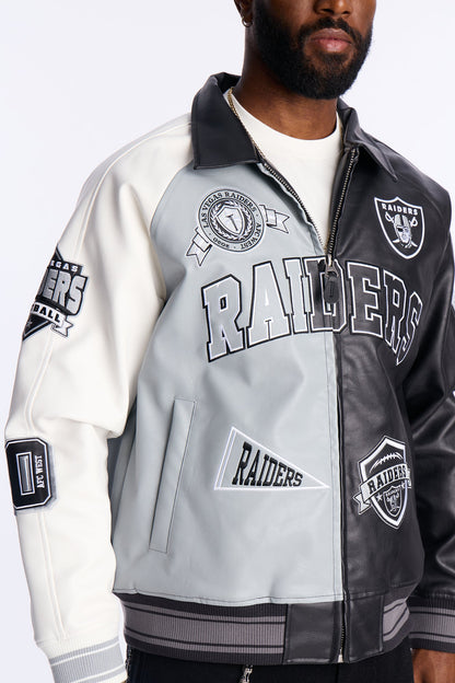 Raiders Marquee Star Faux Patent Leather Long Sleeve Varsity Jacket - Black/combo