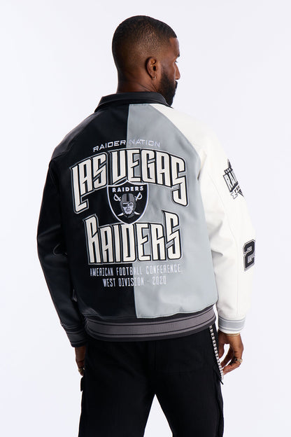 Raiders Marquee Star Faux Patent Leather Long Sleeve Varsity Jacket - Black/combo