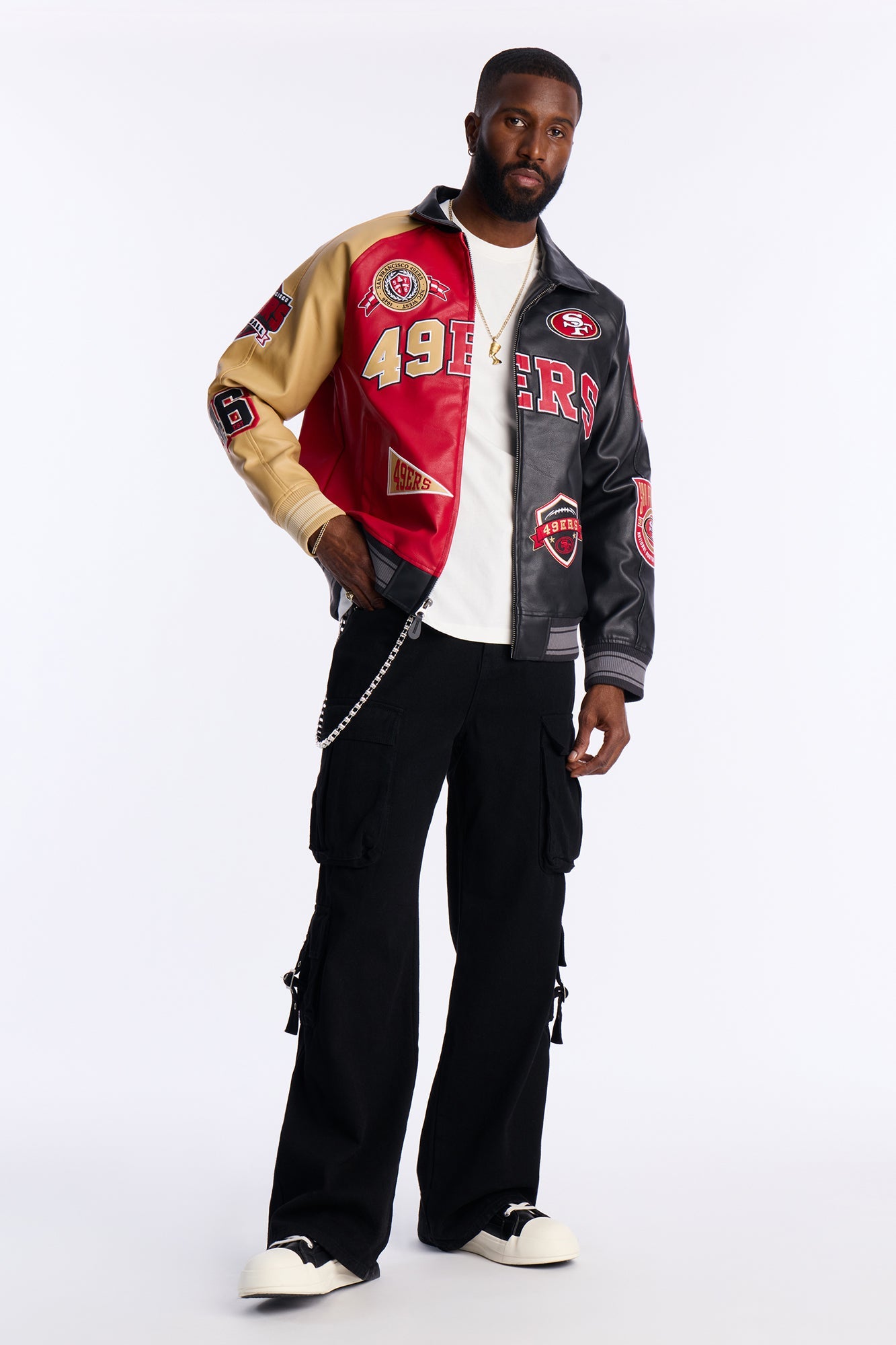 49ers Marquee Star Faux Patent Leather Long Sleeve Varsity Jacket - Red/combo