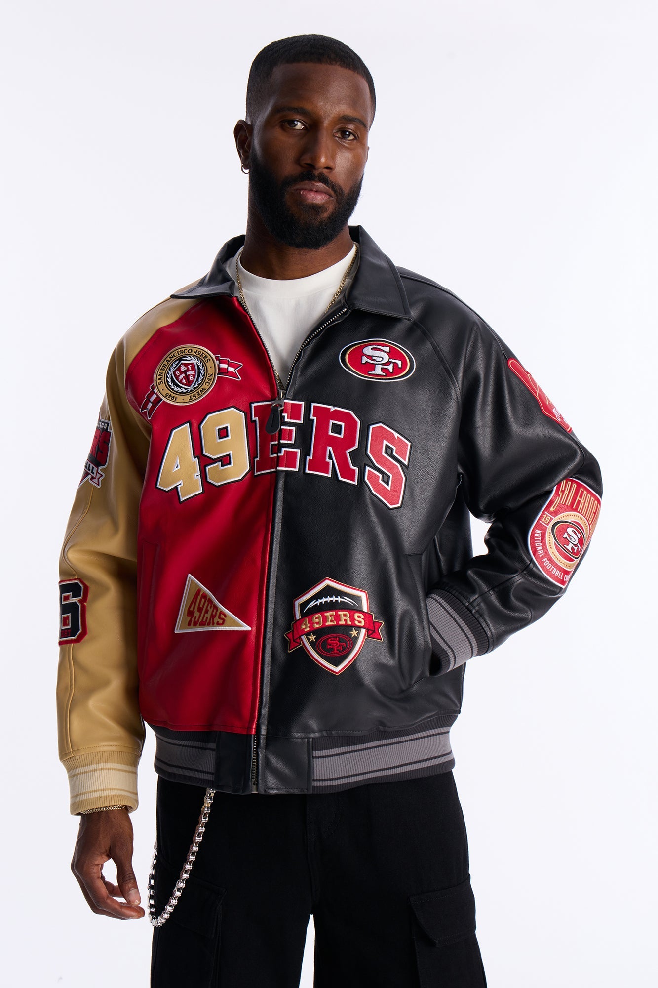 49ers Marquee Star Faux Patent Leather Long Sleeve Varsity Jacket - Red/combo