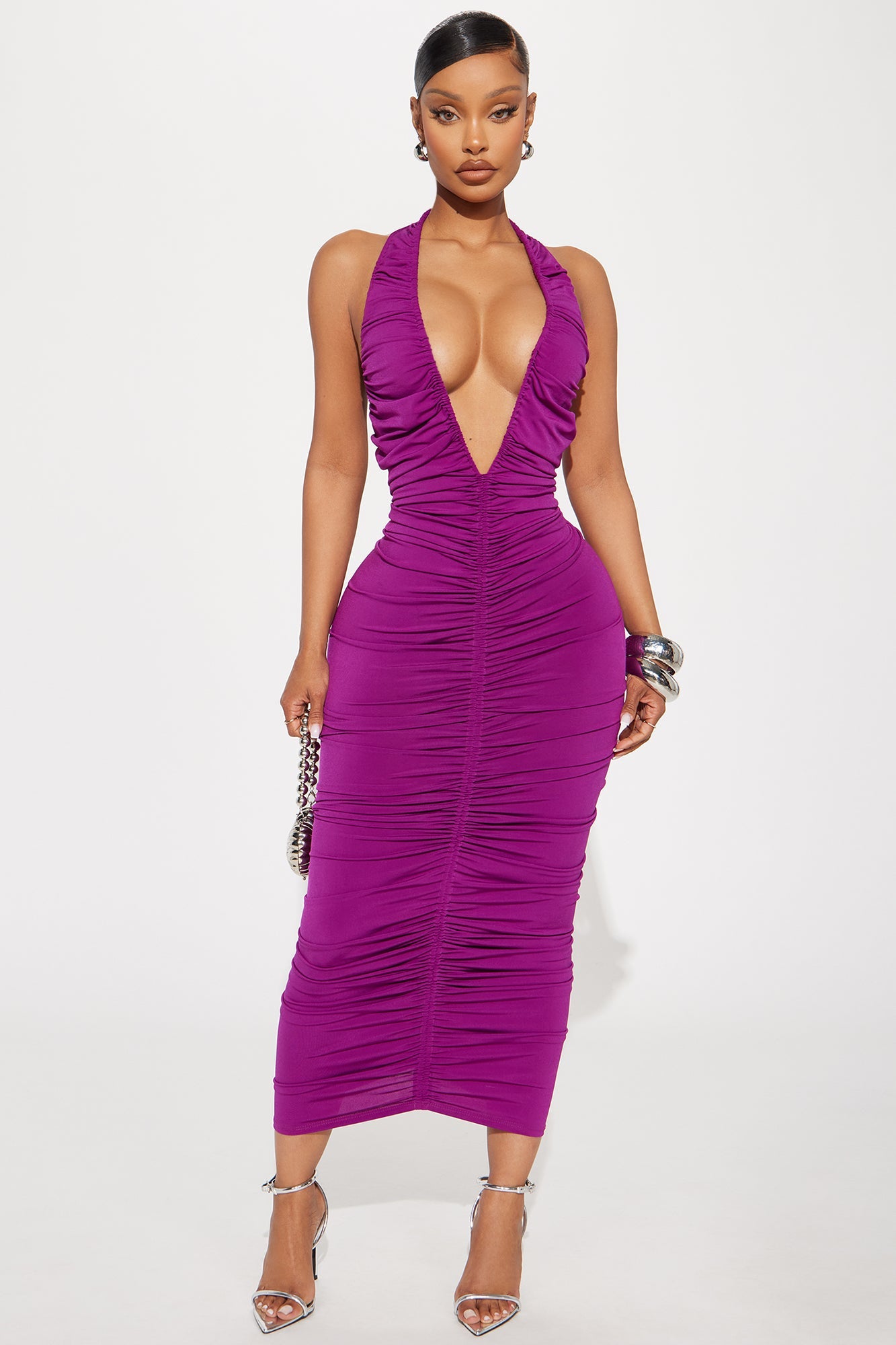 Keke Ruched Deep V Midi Dress - Plum
