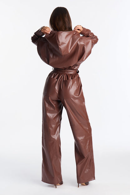 Sloane Hooded Cargo Leather Jumpsuit - Camel