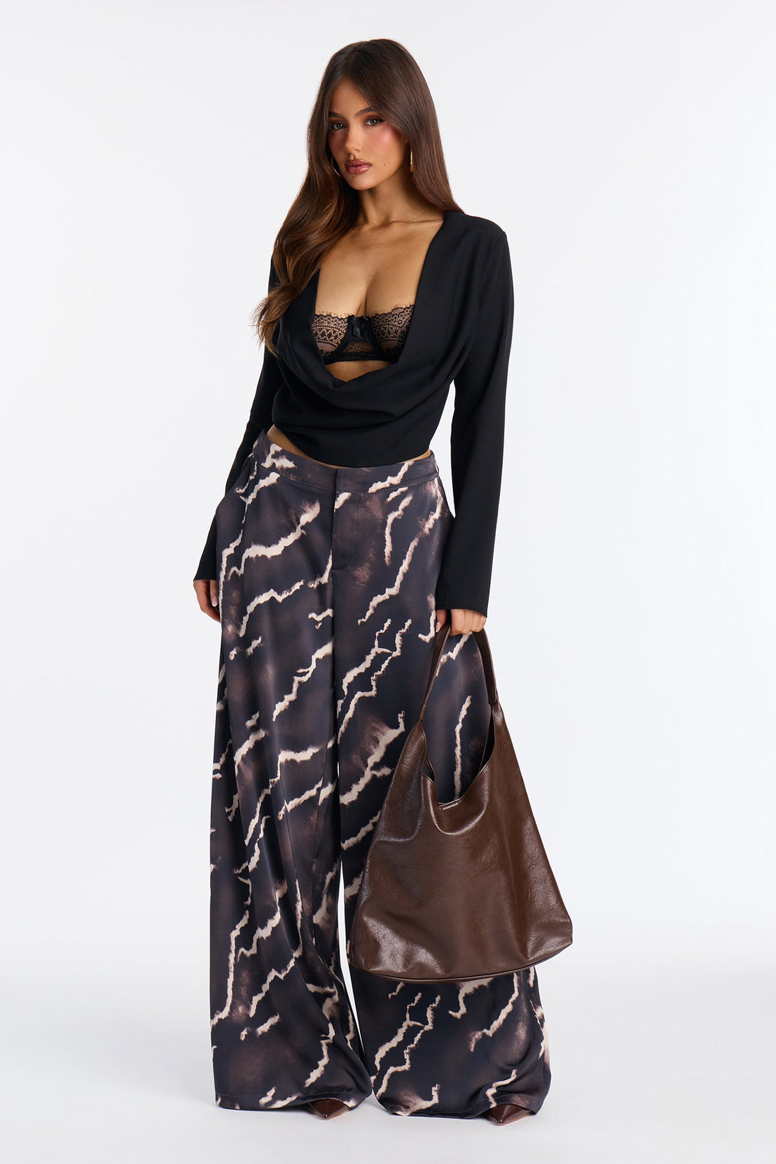 Fleur Satin Wide Leg Pant 33″ - Grey/combo