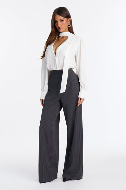 Lyla Pinstripe Tie Crepe Jumpsuit - Grey/combo