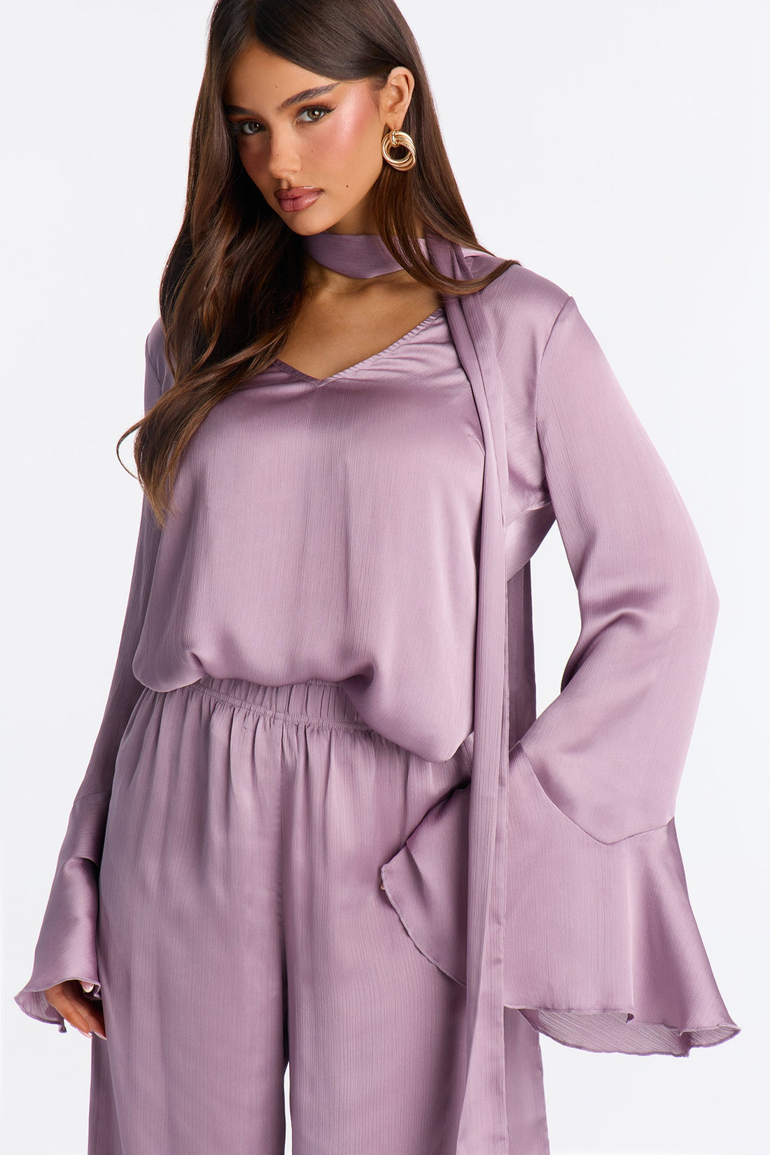 Lianna Long Sleeve Scarf Wide Leg Pant Set - Lavender