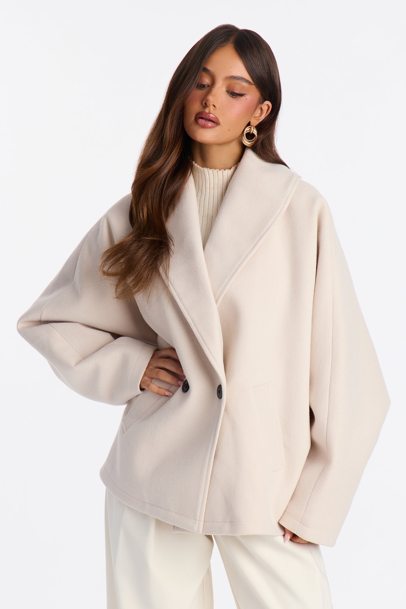 Hilda Double Breasted Faux Fool Slouch Coat - Oatmeal