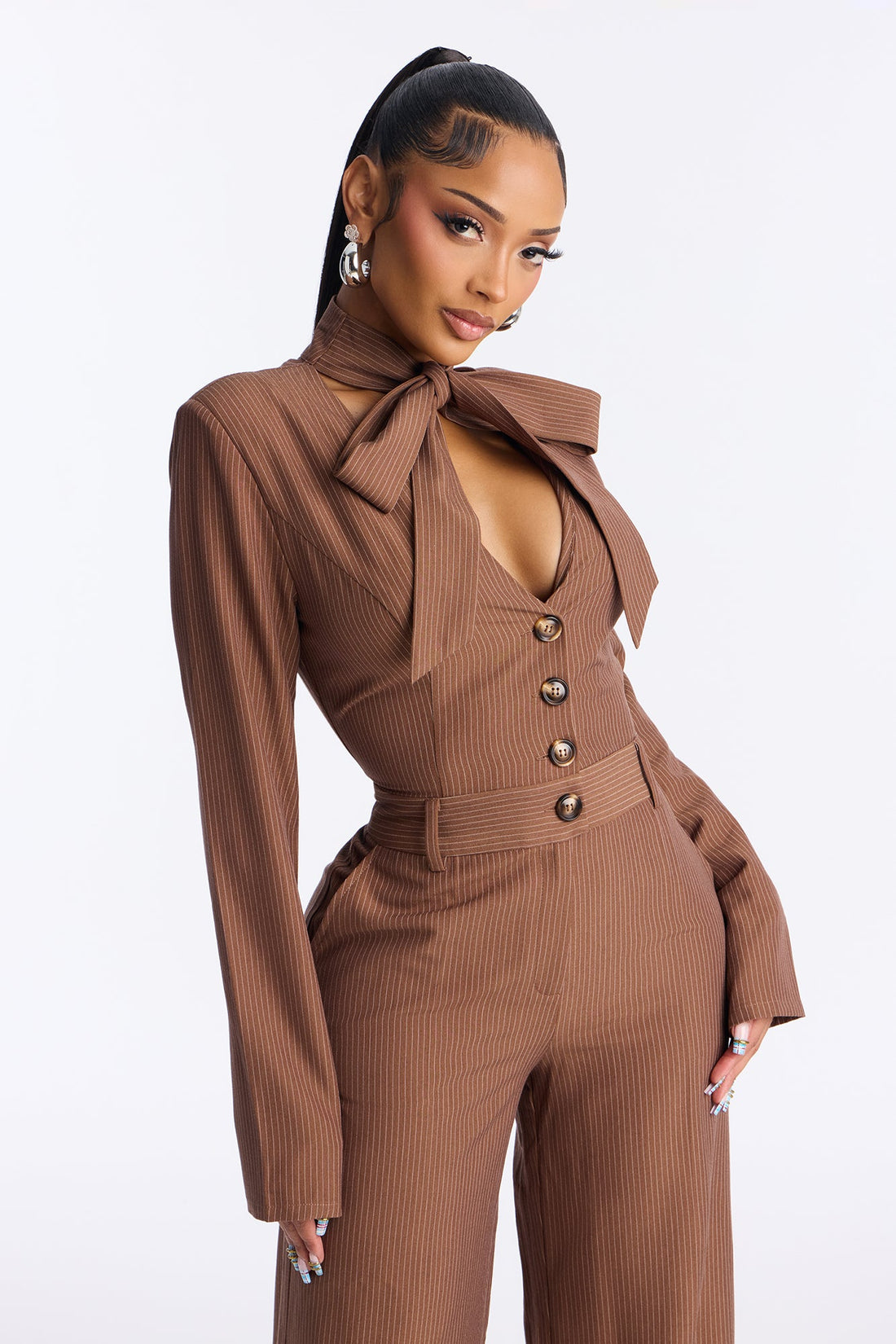 Kendall Scarf Wide Leg Pinstripe Jumpsuit - Brown