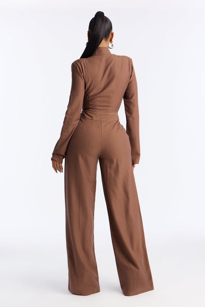 Kendall Scarf Wide Leg Pinstripe Jumpsuit - Brown