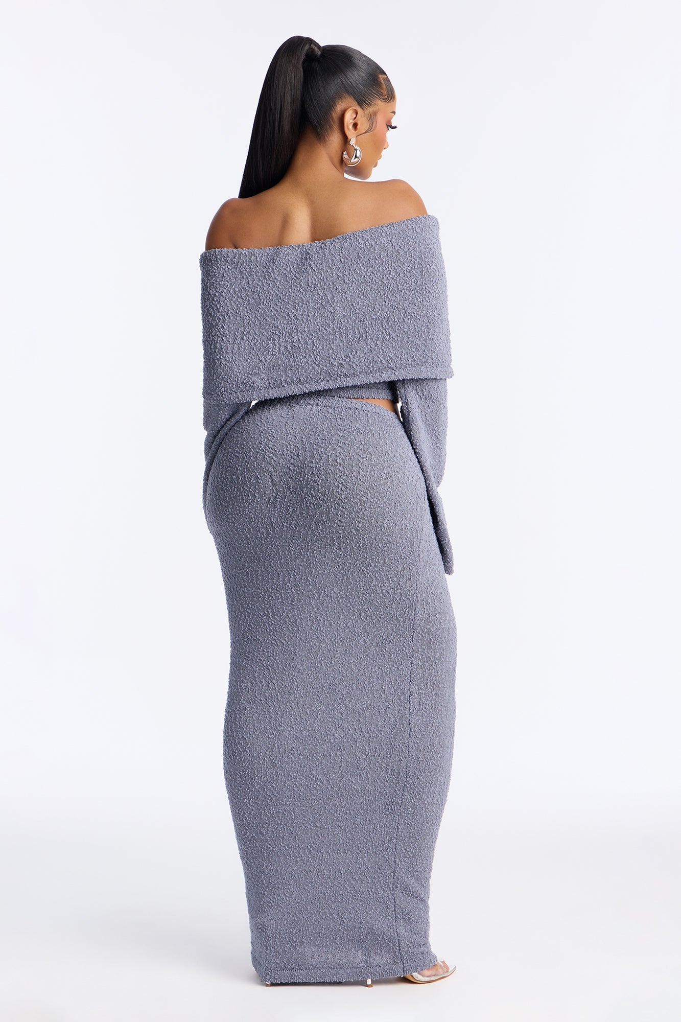 Double Date Off Shoulder Sweater Maxi Skirt Set - Dark Grey
