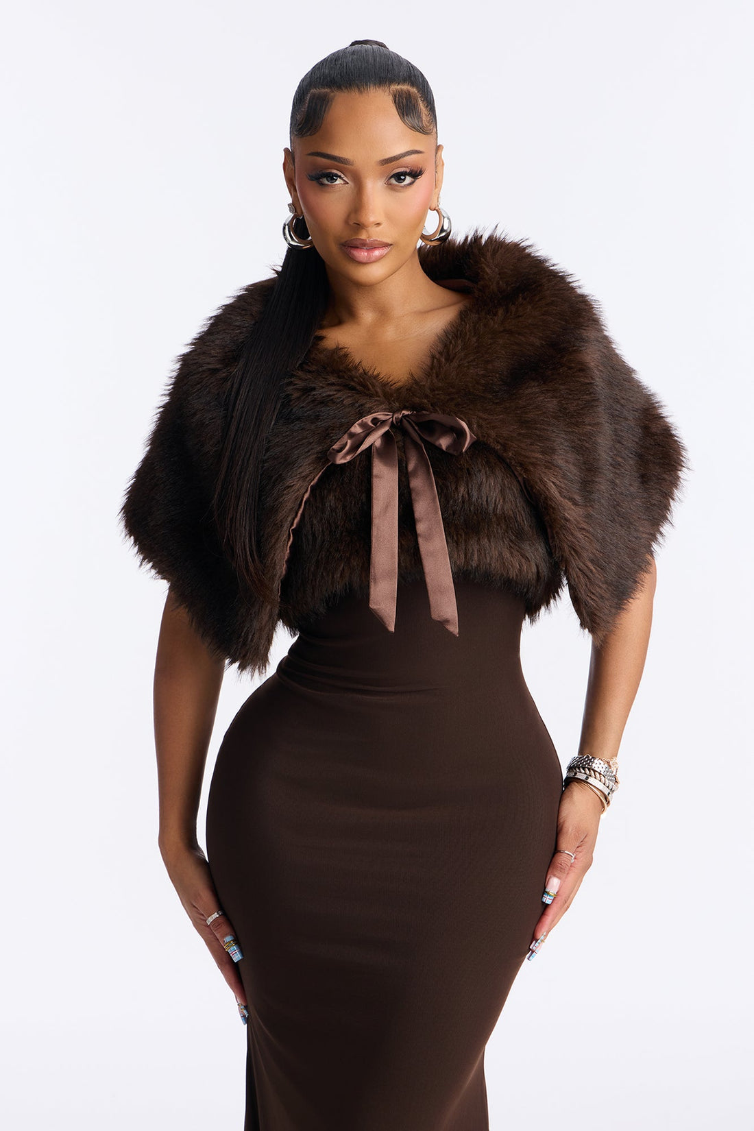 Glam Theory 2 Piece Faux Fur Gown - Chocolate