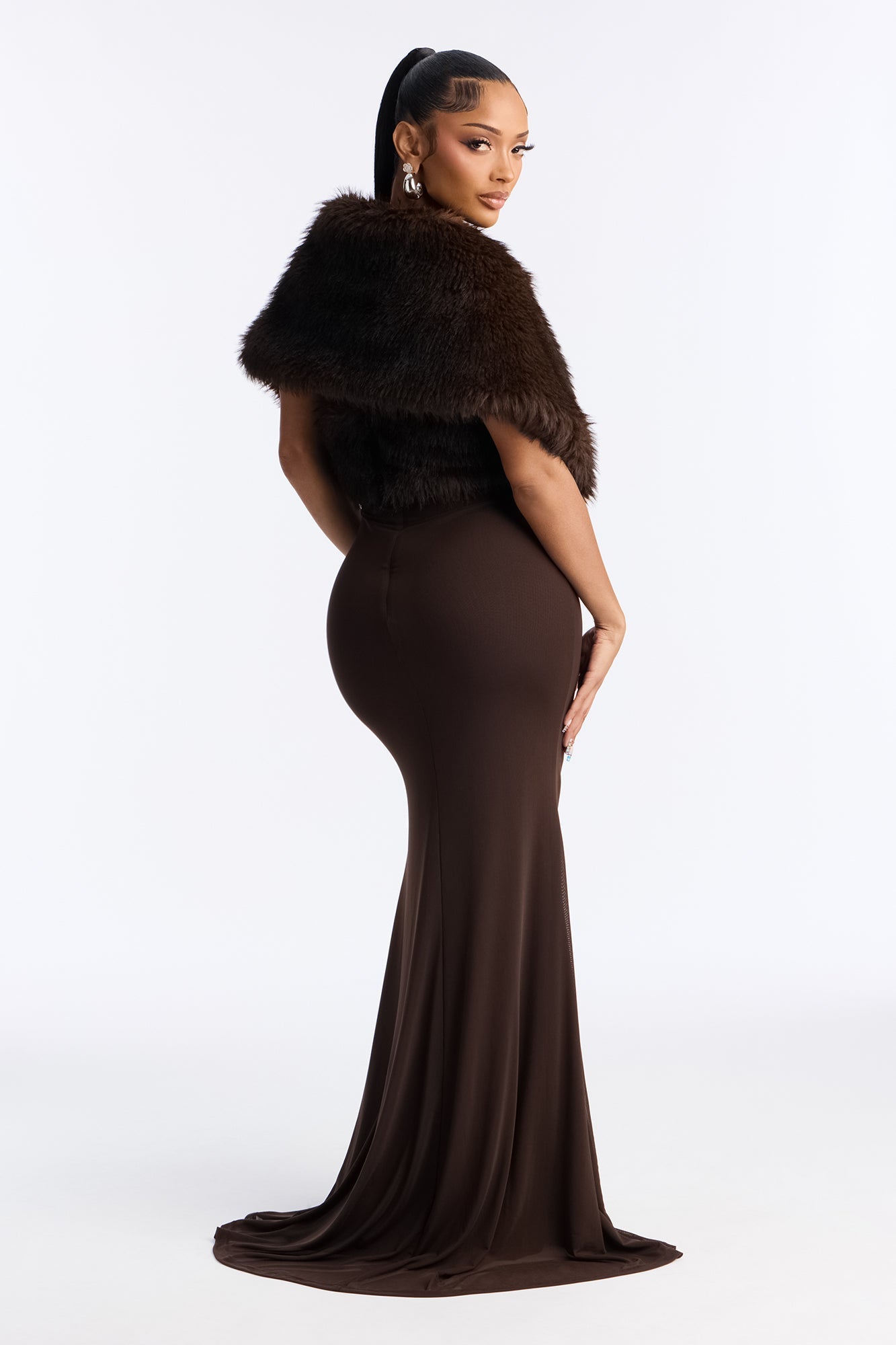 Glam Theory 2 Piece Faux Fur Gown - Chocolate