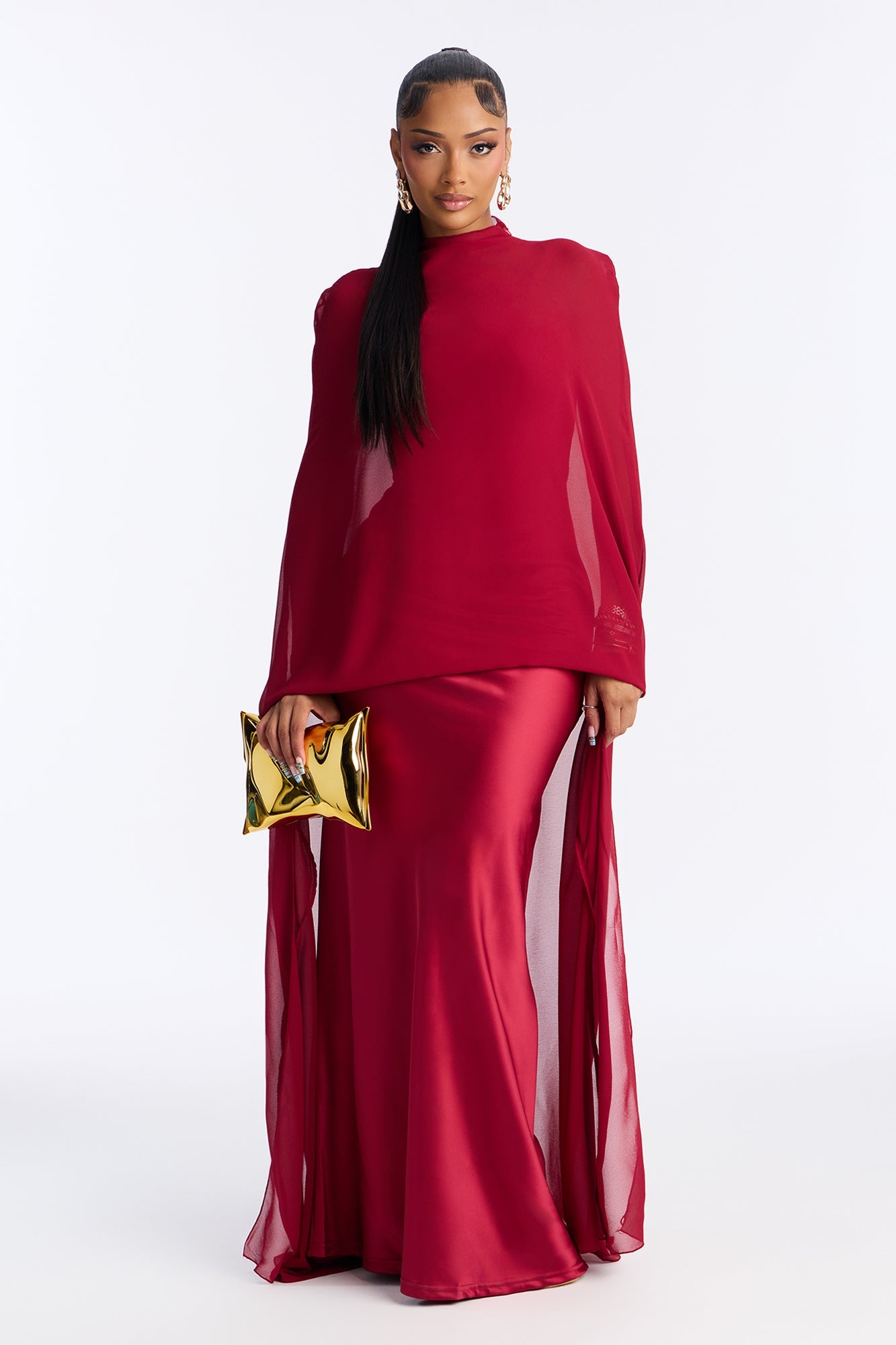 Silk Secrets Draped Satin Maxi Dress - Red