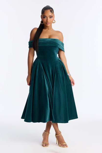 Lillian Pleated Velour Midi Dress - Hunter