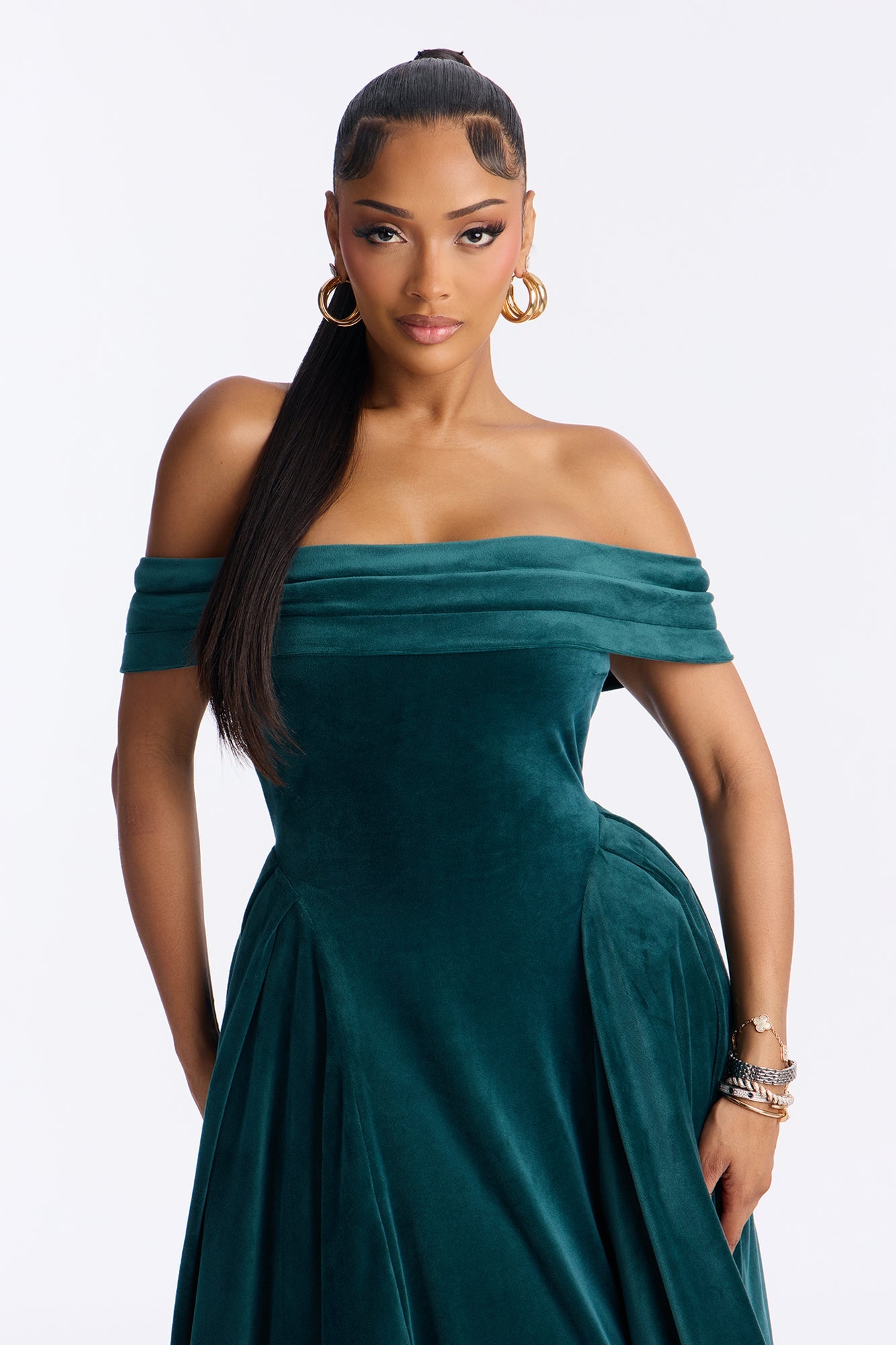 Lillian Pleated Velour Midi Dress - Hunter