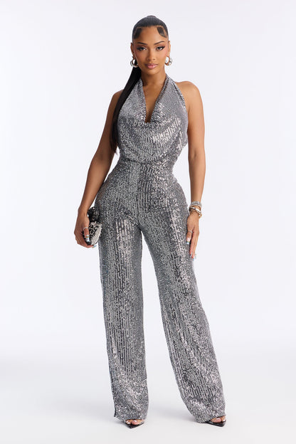 Whitbey Sequin Halter Straight Leg Jumpsuit - Silver