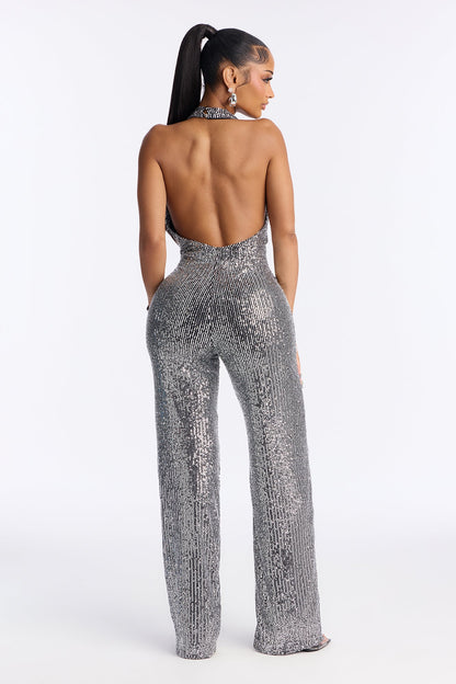Whitbey Sequin Halter Straight Leg Jumpsuit - Silver