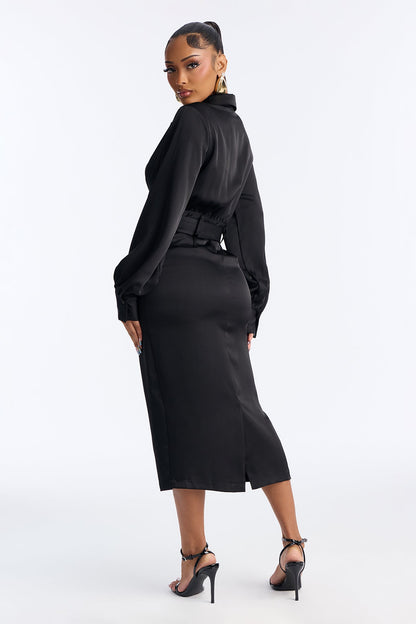 Braylynn Belted Satin Midi Dress - Black