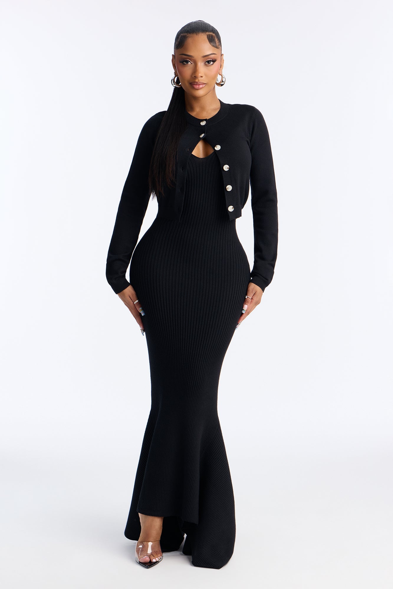 Dazzle Me Ribbed Maxi Dress Set - Black