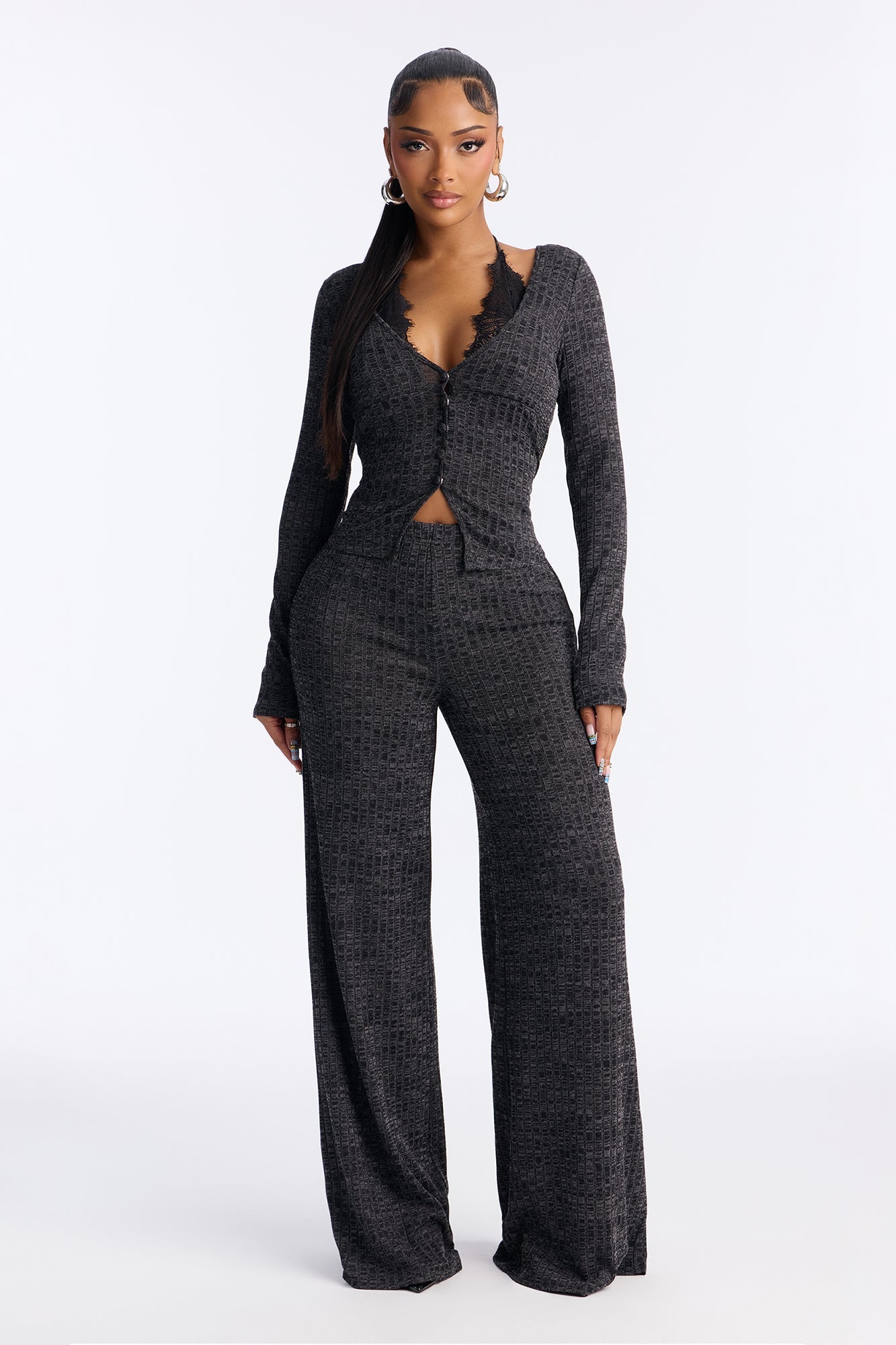 Tempting Fate Lace Bra Ribbed Pant Set - Charcoal