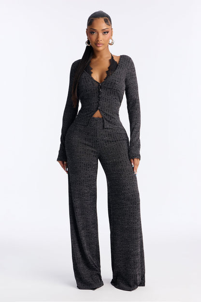 Tempting Fate Lace Bra Ribbed Pant Set - Charcoal